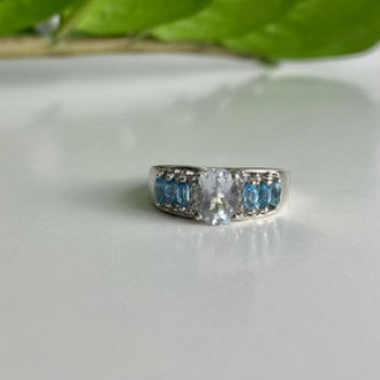 925 Sterling Silver Aquamarines Ring Size 8