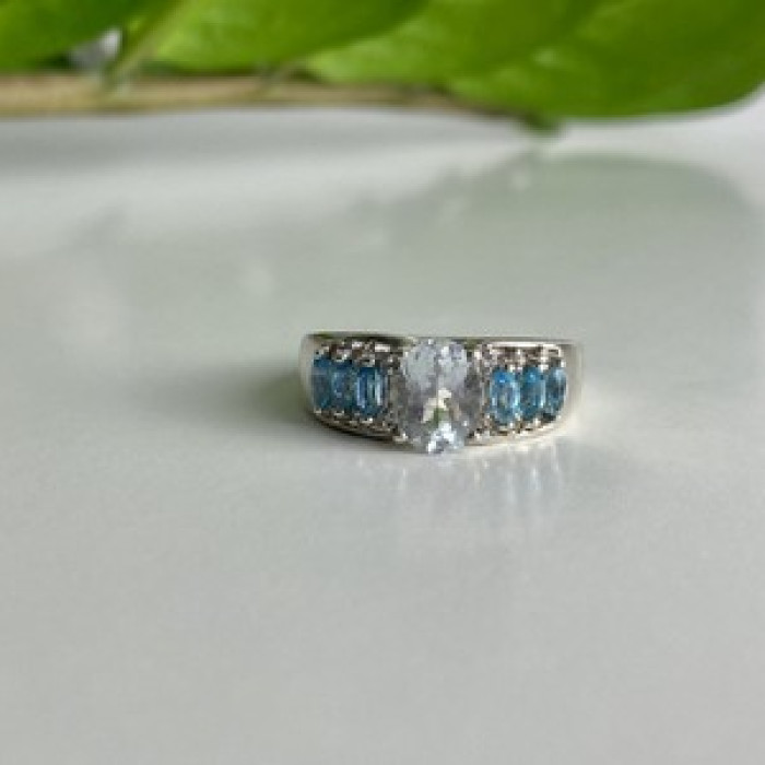 925 Sterling Silver Aquamarines Ring Size 8