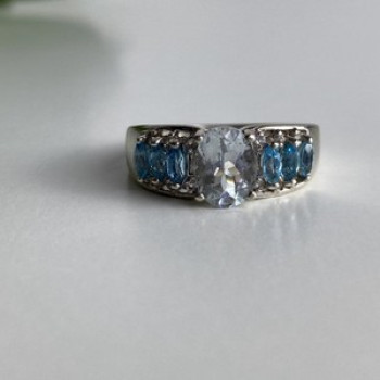 925 Sterling Silver Aquamarines Ring Size 8