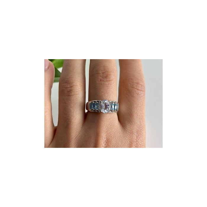 925 Sterling Silver Aquamarines Ring Size 8