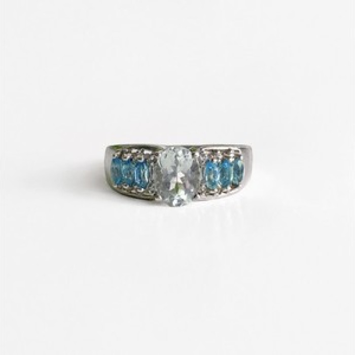925 Sterling Silver Aquamarines Ring Size 8