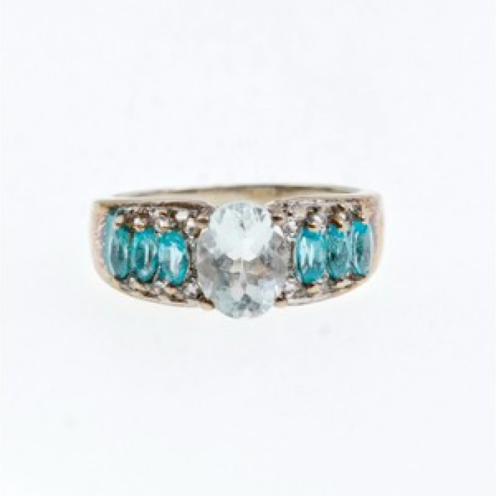 925 Sterling Silver Aquamarines Ring Size 8
