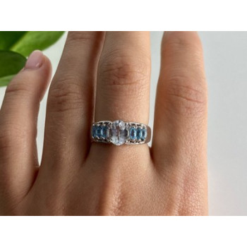 925 Sterling Silver Aquamarines Ring Size 8