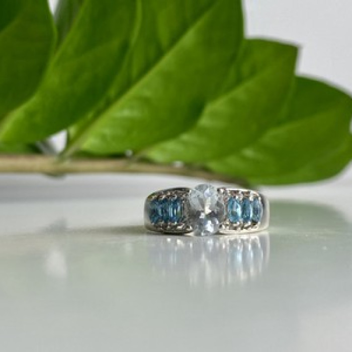 925 Sterling Silver Aquamarines Ring Size 8