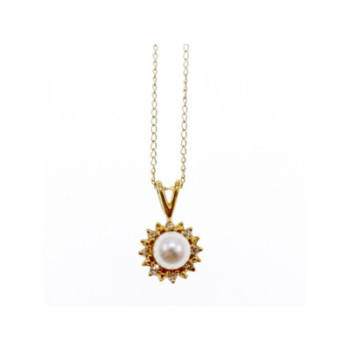 14K YELLOW GOLD PEARL & DIAMONDS CHAIN WITH PENDANT