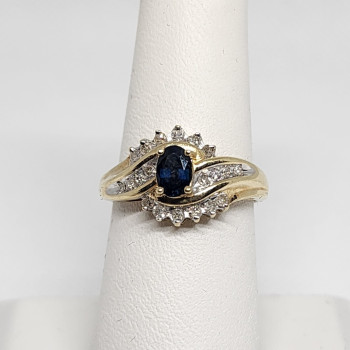 10K Yellow Gold Blue & White Sapphire Ring Size 6