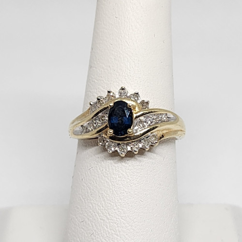 10K Yellow Gold Blue & White Sapphire Ring Size 6