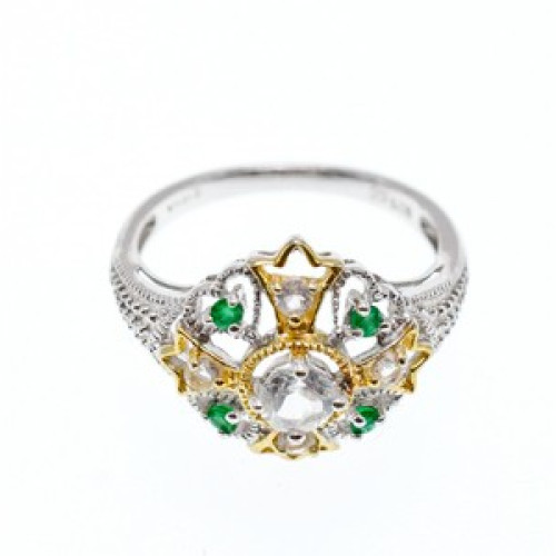 925 Sterling Silver Gold Plated Emerald & Goshenite Ring Size 6.5