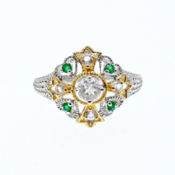 925 Sterling Silver Gold Plated Emerald & Goshenite Ring Size 6.5