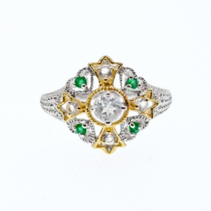 925 Sterling Silver Gold Plated Emerald & Goshenite Ring Size 6.5