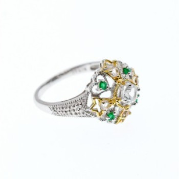925 Sterling Silver Gold Plated Emerald & Goshenite Ring Size 6.5