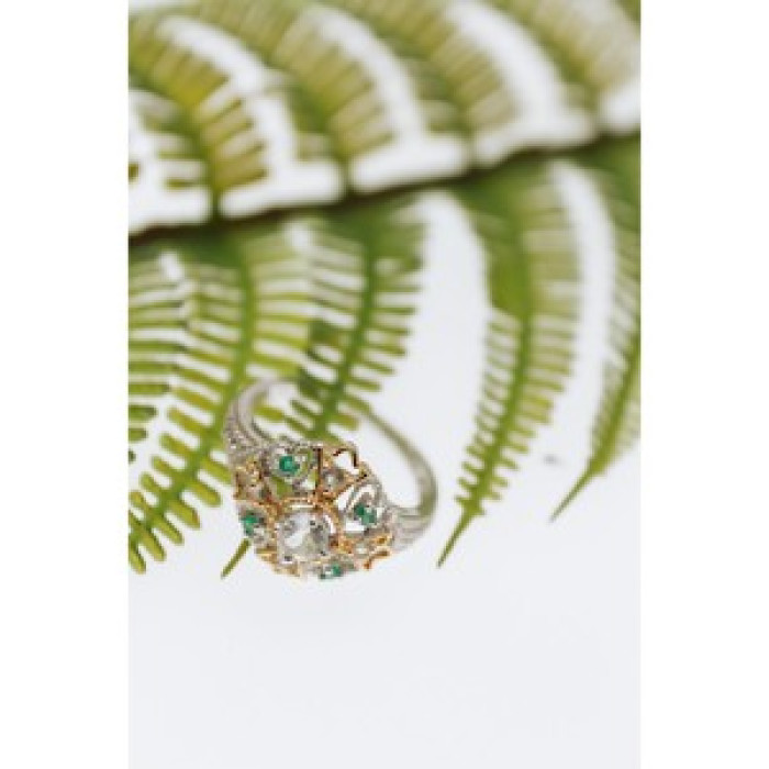 925 Sterling Silver Gold Plated Emerald & Goshenite Ring Size 6.5