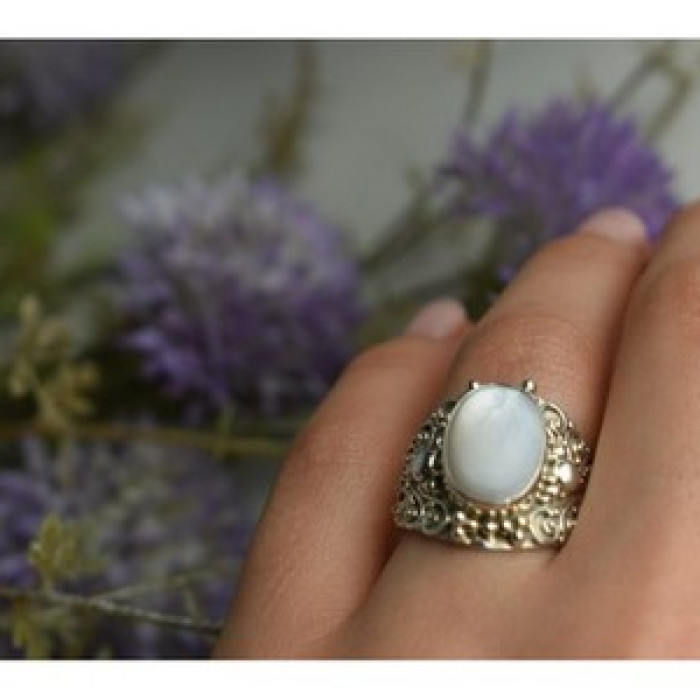 925 Sterling Silver Mother Of Pearl Openwork Ring Size 6.5