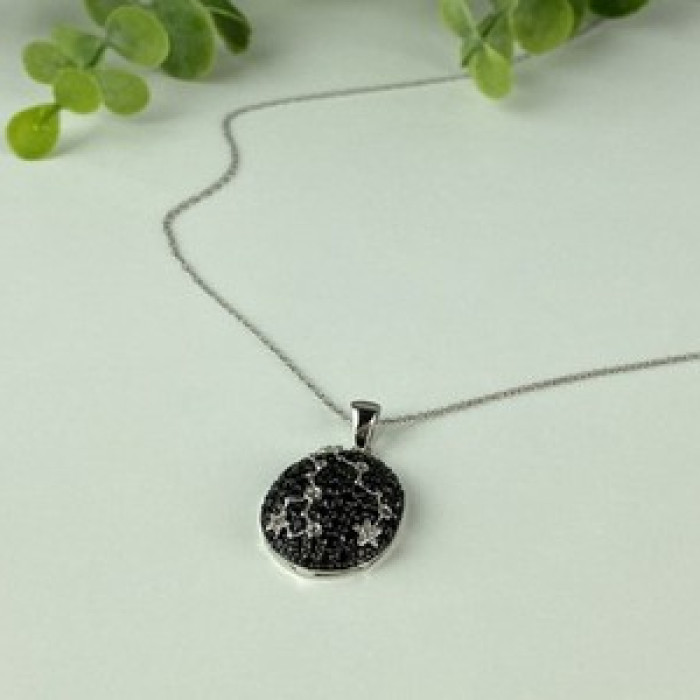 925 Sterling Silver Black & White Spinel Chain With Pendant