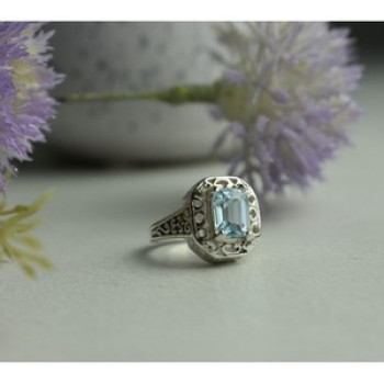 925 Sterling Silver Blue Spinel Openwork Ring Size 6