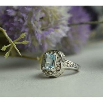 925 Sterling Silver Blue Spinel Openwork Ring Size 6