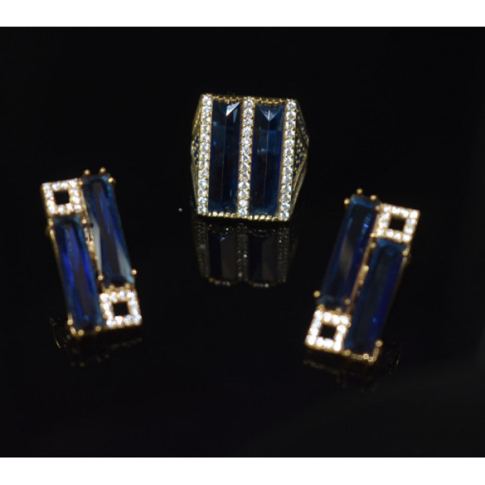 925 Sterling Silver Blue Alpanite SET (Ring & Earrings)