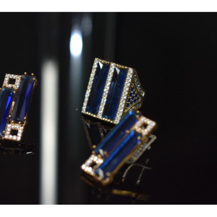 925 Sterling Silver Blue Alpanite SET (Ring & Earrings)