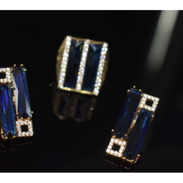 925 Sterling Silver Blue Alpanite SET (Ring & Earrings)