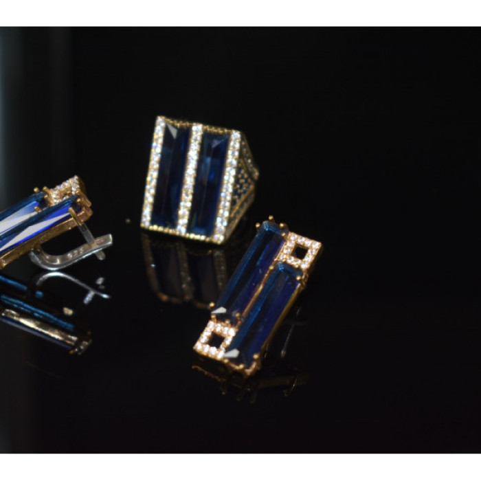 925 Sterling Silver Blue Alpanite SET (Ring & Earrings)