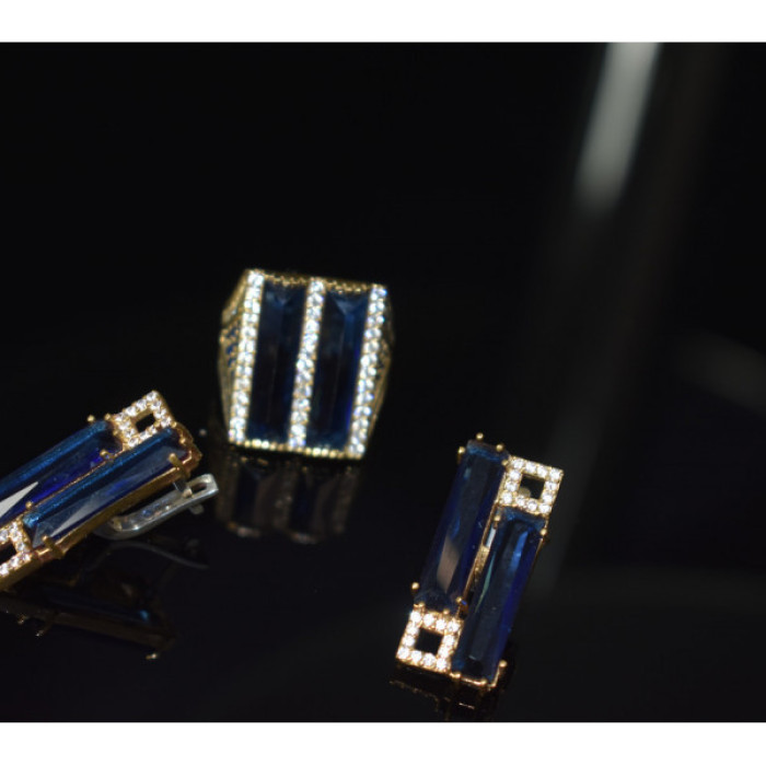 925 Sterling Silver Blue Alpanite SET (Ring & Earrings)