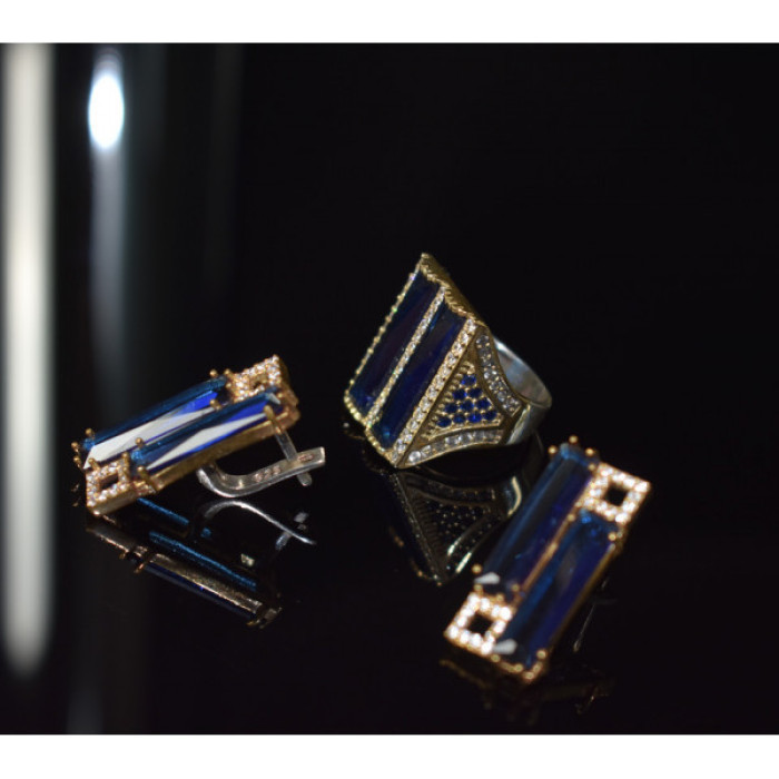 925 Sterling Silver Blue Alpanite SET (Ring & Earrings)