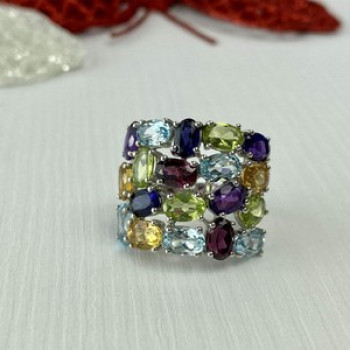 925 Sterling Silver Multi Gemstones Ring Size 6.5