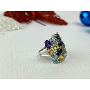 925 Sterling Silver Multi Gemstones Ring Size 6.5
