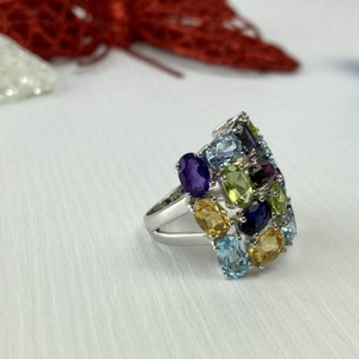 925 Sterling Silver Multi Gemstones Ring Size 6.5