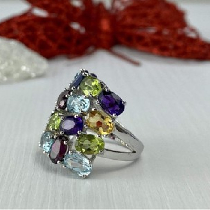 925 Sterling Silver Multi Gemstones Ring Size 6.5