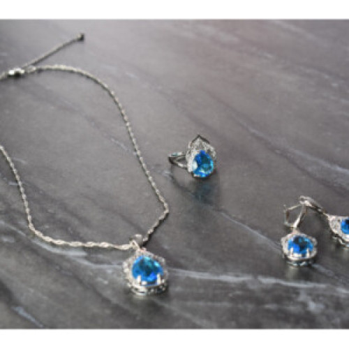 925 Sterling Silver Blue CZ ( Imitation Topaz ) SET