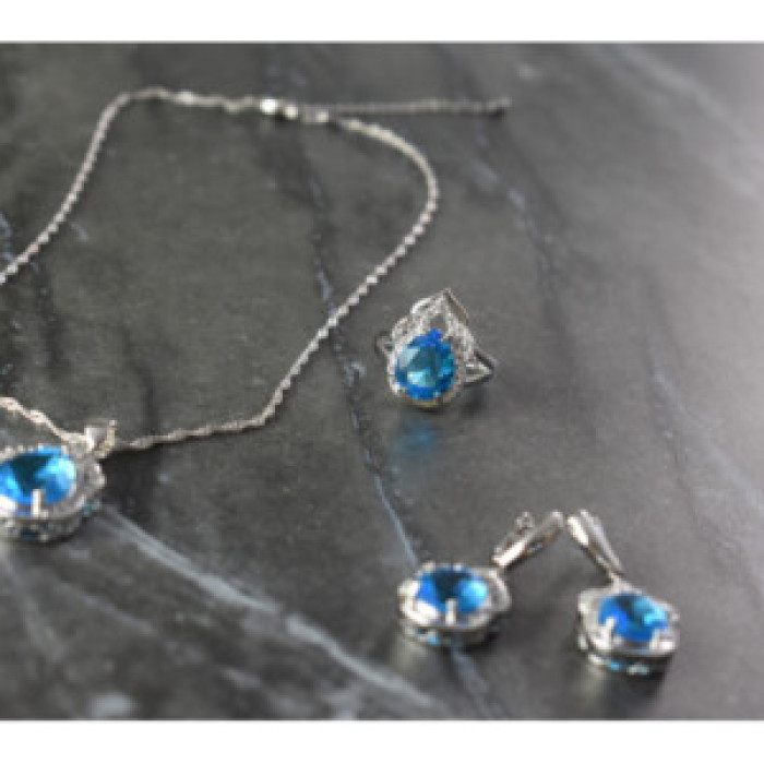 925 Sterling Silver Blue CZ ( Imitation Topaz ) SET