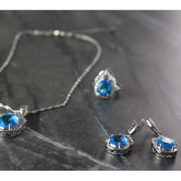 925 Sterling Silver Blue CZ ( Imitation Topaz ) SET