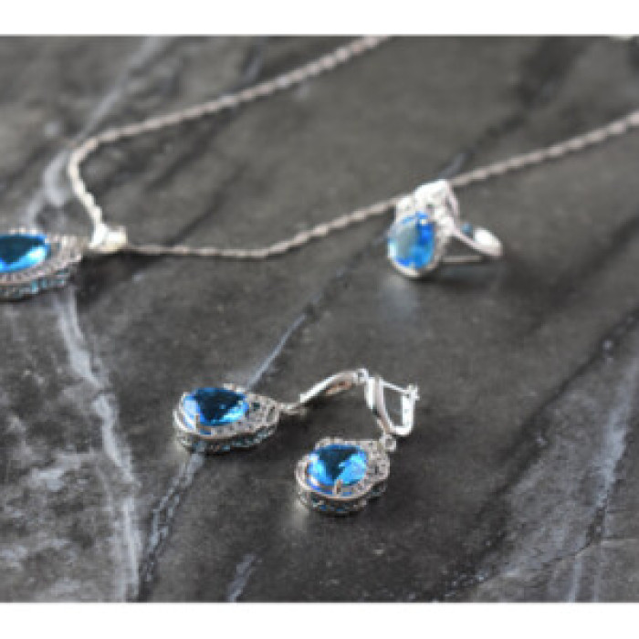 925 Sterling Silver Blue CZ ( Imitation Topaz ) SET