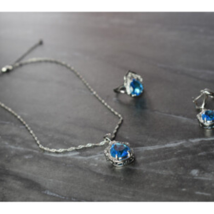 925 Sterling Silver Blue CZ ( Imitation Topaz ) SET