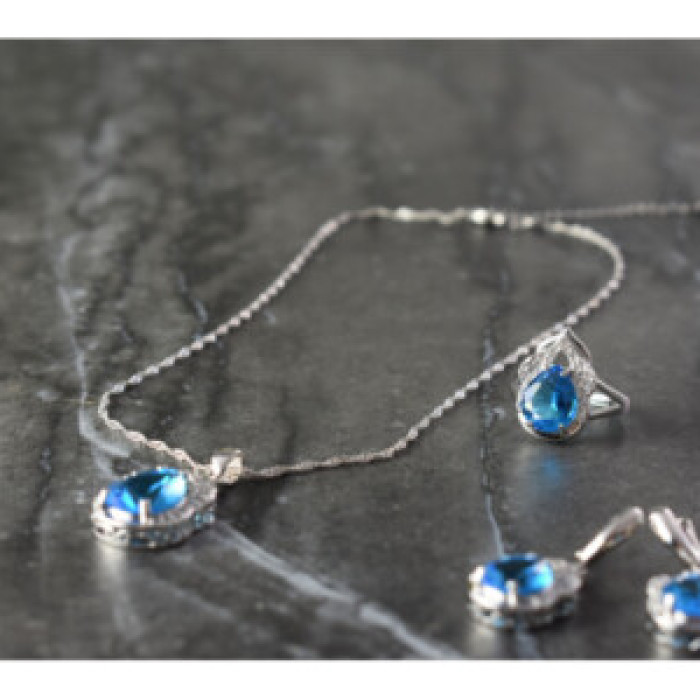 925 Sterling Silver Blue CZ ( Imitation Topaz ) SET