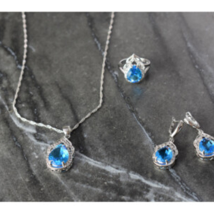 925 Sterling Silver Blue CZ ( Imitation Topaz ) SET