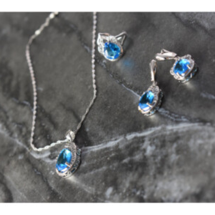 925 Sterling Silver Blue CZ ( Imitation Topaz ) SET
