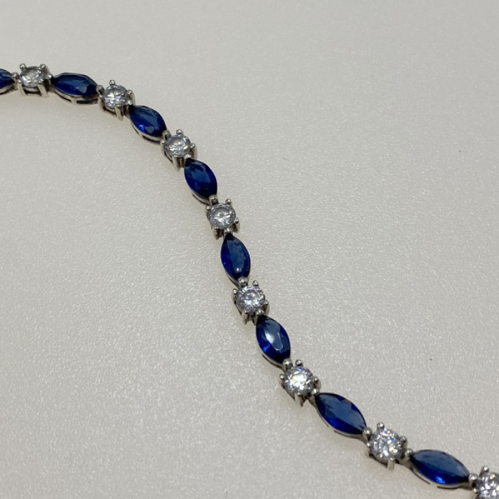925 Sterling Silver Blue Spinel & CZ Bracelet Size 7.5 IN
