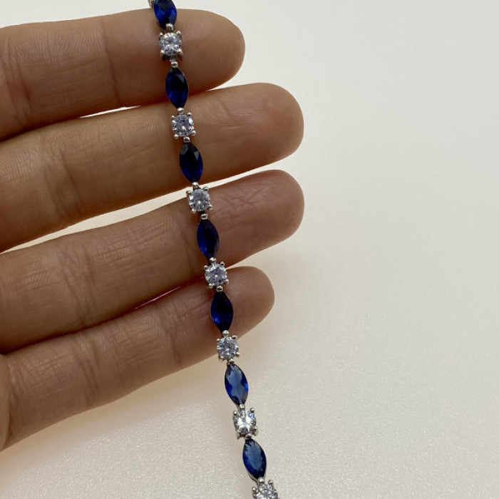 925 Sterling Silver Blue Spinel & CZ Bracelet Size 7.5 IN