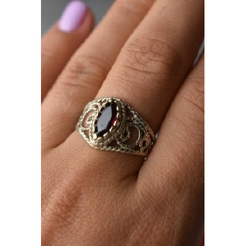 925 Sterling Silver Almandine Openwork Ring Size 10.25