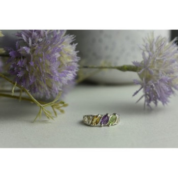 925 Sterling Silver Tsavorite, Tourmaline & Heliodor Ring Size 5.5