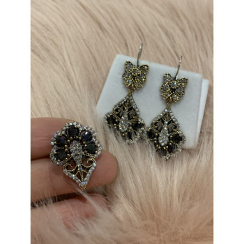 925 Sterling Silver Black Tourmaline (Sherl) & CZ SET