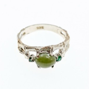 925 Sterling Silver Nephrite ( Jade ) & Emeralds Ring Size 8