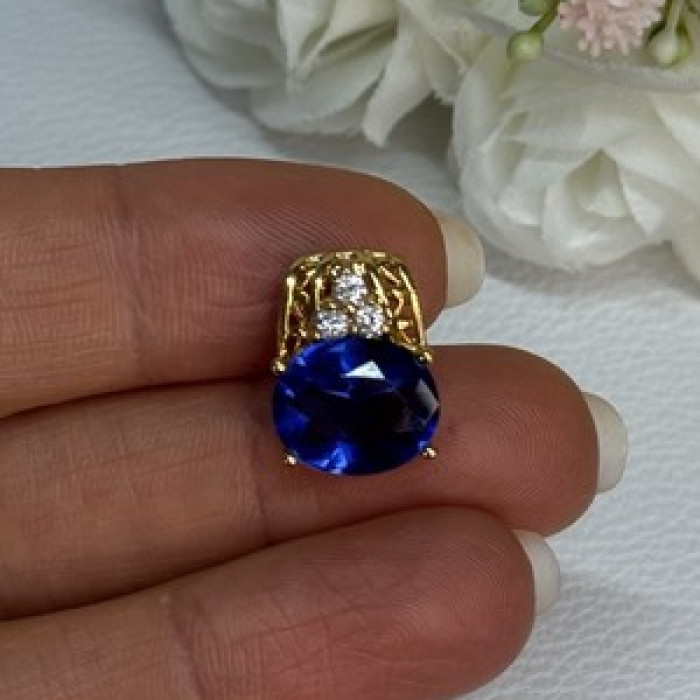 925 Sterling Silver Gold Plated Sapphire & Beryl Pendant Length 0.65 Inch