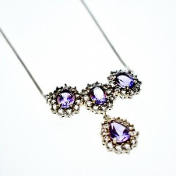 925 Sterling Silver Purple Tourmaline & Colorless Spinel Necklace Italy