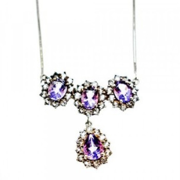 925 Sterling Silver Purple Tourmaline & Colorless Spinel Necklace Italy