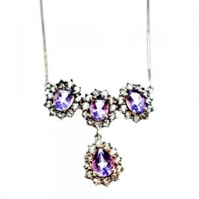 925 Sterling Silver Purple Tourmaline & Colorless Spinel Necklace Italy