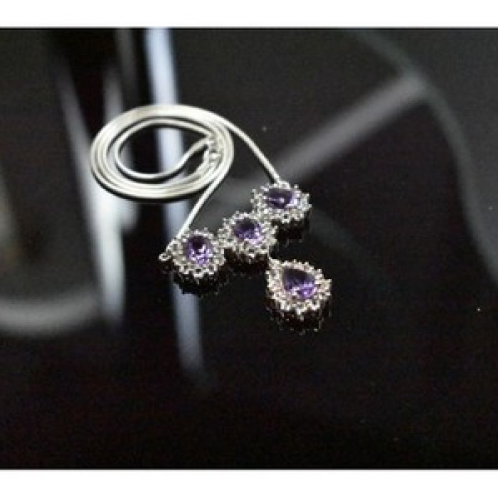925 Sterling Silver Purple Tourmaline & Colorless Spinel Necklace Italy