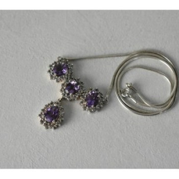 925 Sterling Silver Purple Tourmaline & Colorless Spinel Necklace Italy